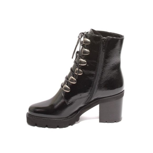 Italian Black Patent Leather Lace-Up Zip-Up Ankle Heel Boots - Picture 6 of 8